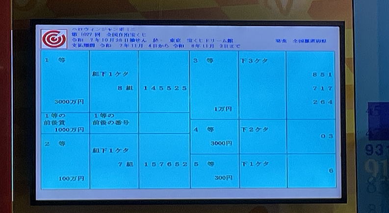 ハロウィンジャンボ宝くじ2025(第1075回全国自治宝くじ)当選番号発表